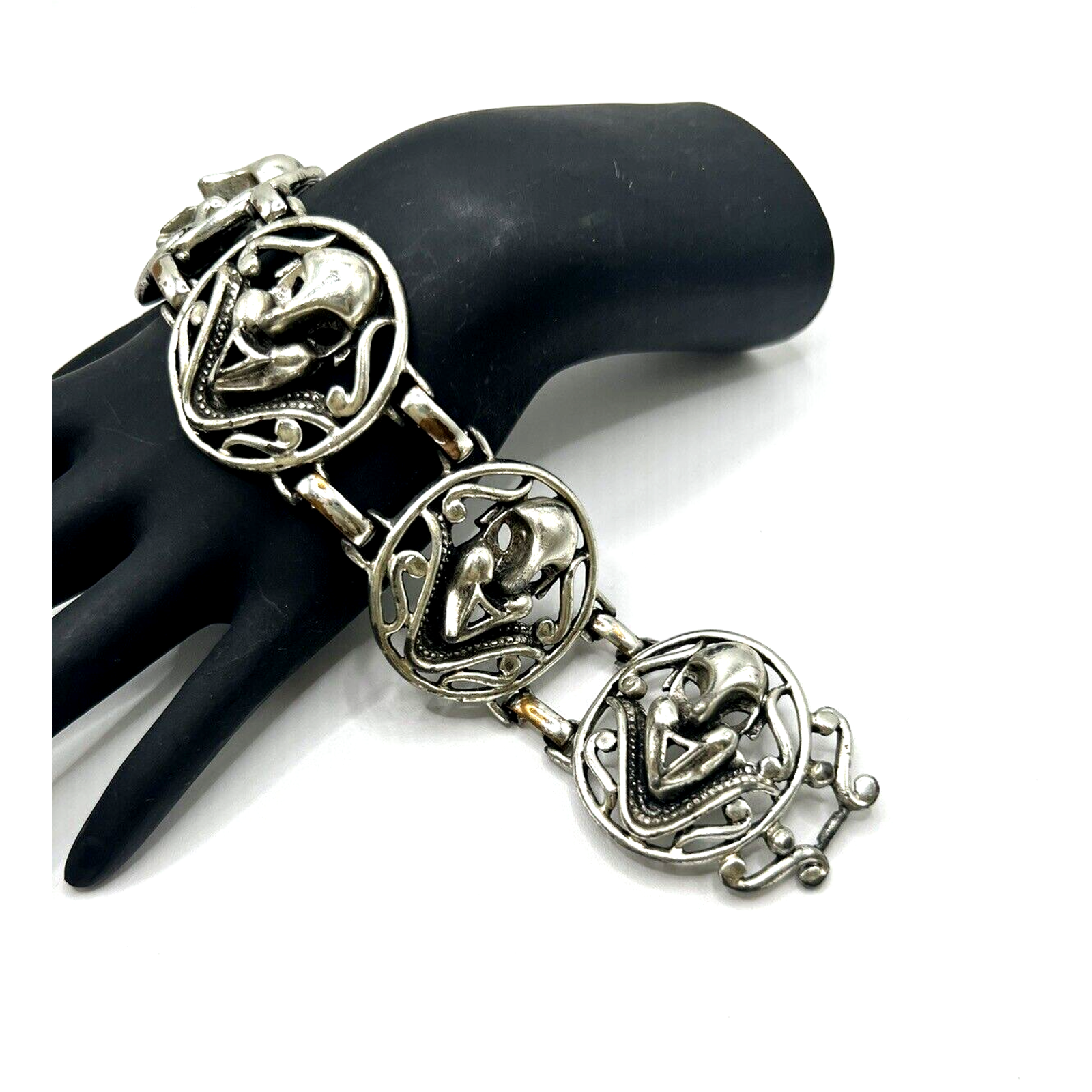 Unique Vtg Signed Selini Art Drama Faces Masks Wide Panel Linked Silver Bracelet